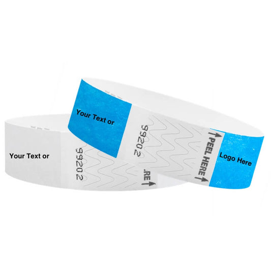 White and neon blue litter free tyvek wristbands with placeholders for your text or logo customization