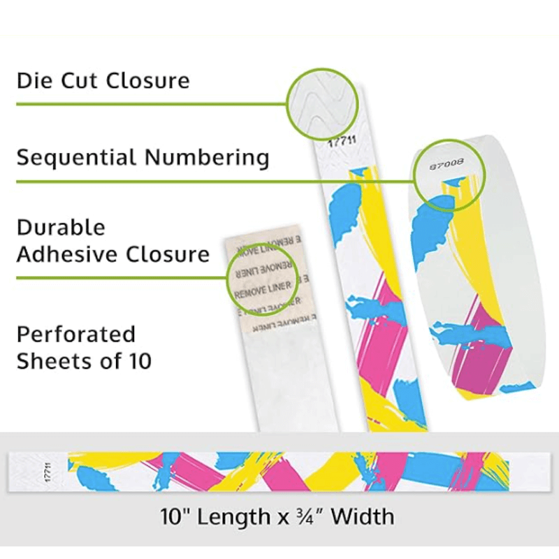 Colourful 90's paintstroke tyvek wristbands showing the die cut closure, sequential numbering, and durable adhesive features