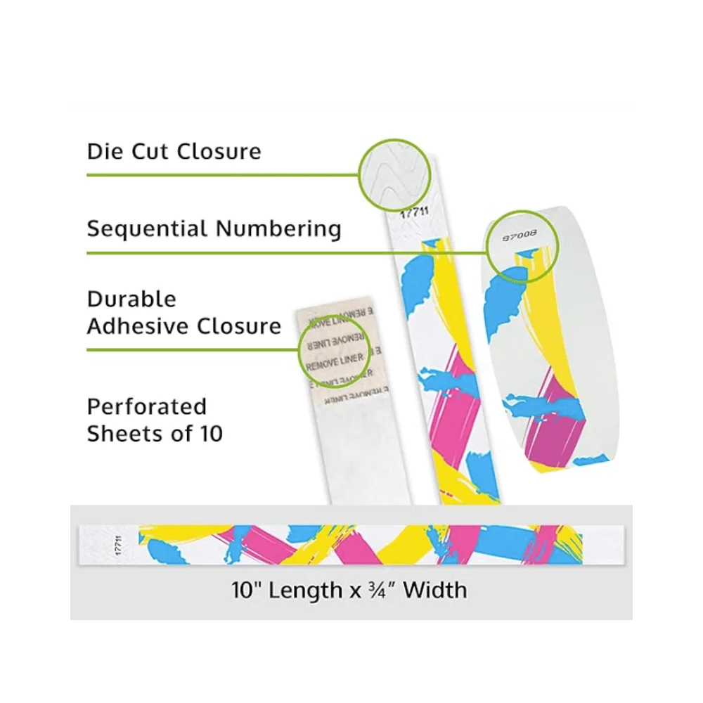 Colourful 90's paintstroke tyvek wristbands showing the die cut closure, sequential numbering, and durable adhesive features