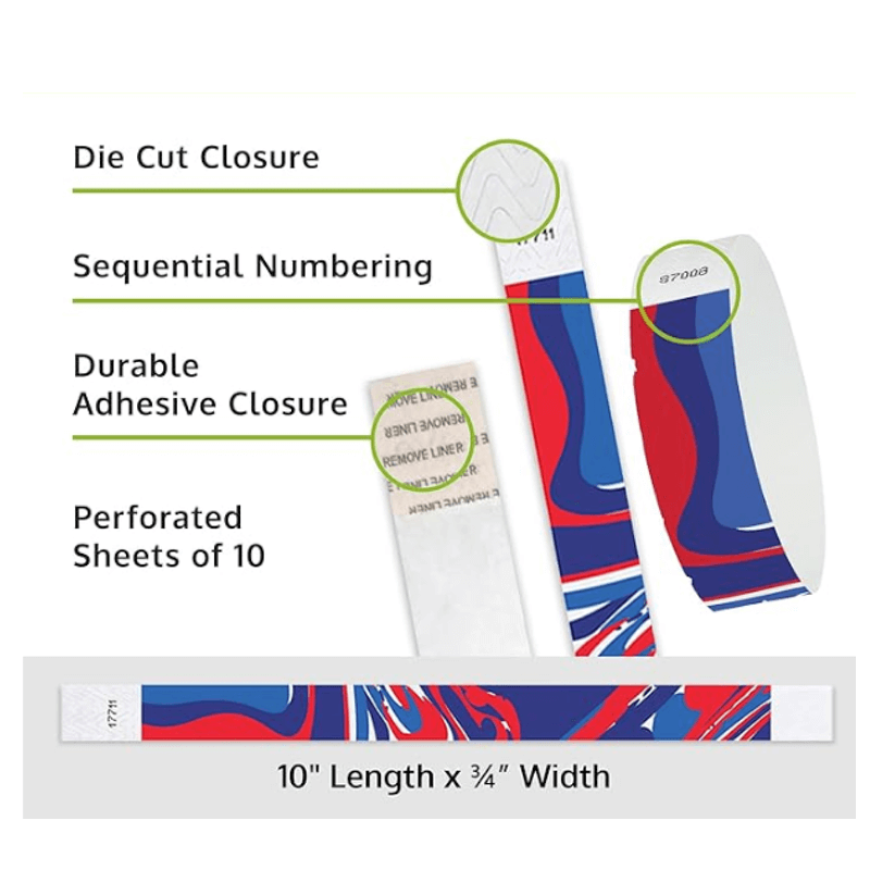Colourful abstract tyvek wristbands showing the die cut closure, sequential numbering, and durable adhesive features
