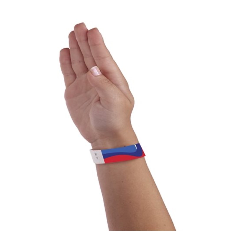 Wrist showing an abstract tyvek wristband