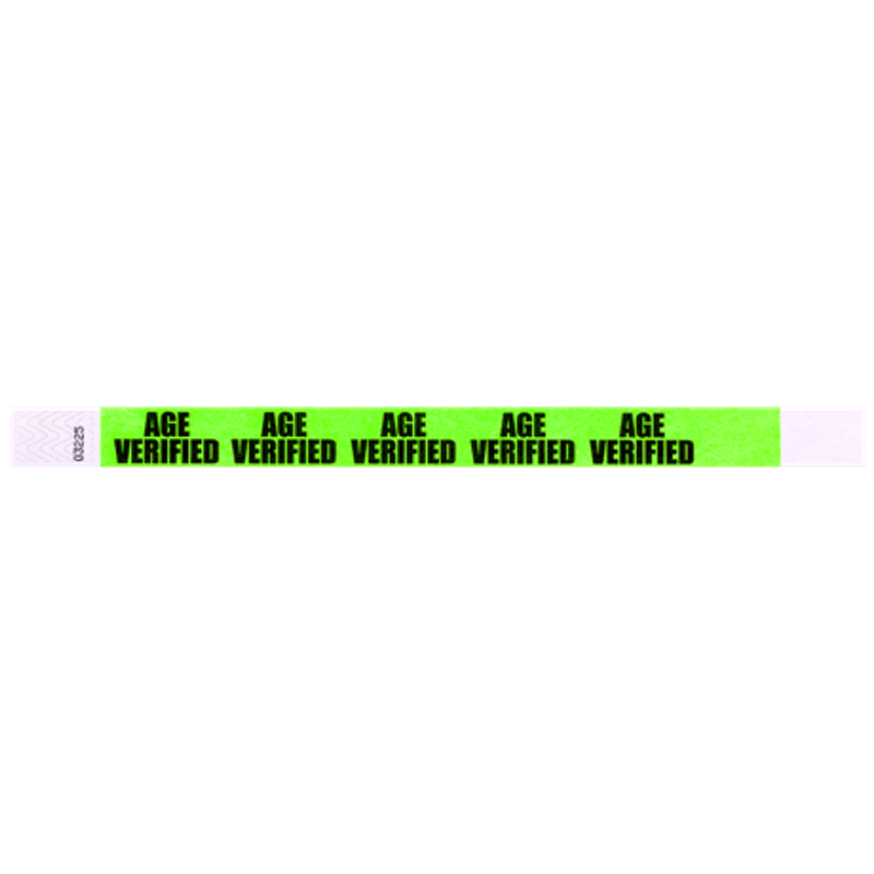neon green tyvek wristband with age verified text repeated across the band