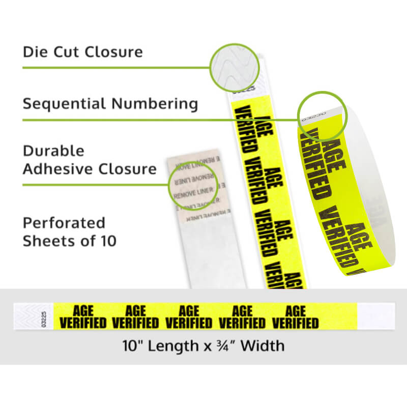 Yellow 'AGE VERIFIED' wristbands with packaging and features listed on a white background.