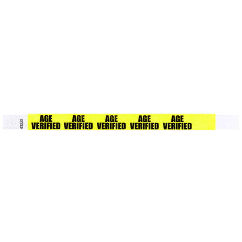neon yellow tyvek wristband with age verified text repeated across the band