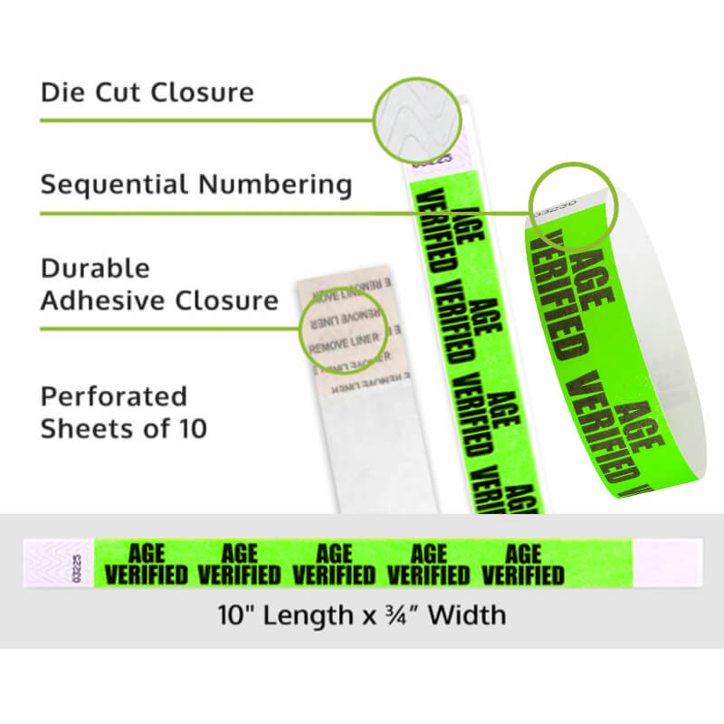 neon green tyvek wristband with age verified text shown with detail specs, die cut closure, numbering and perforated sheets of 10