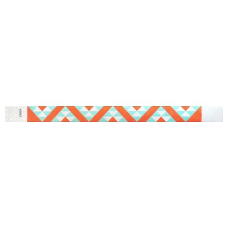 aqua and neon orange aztec pattern on a white tyvek wristband - full wristband shown