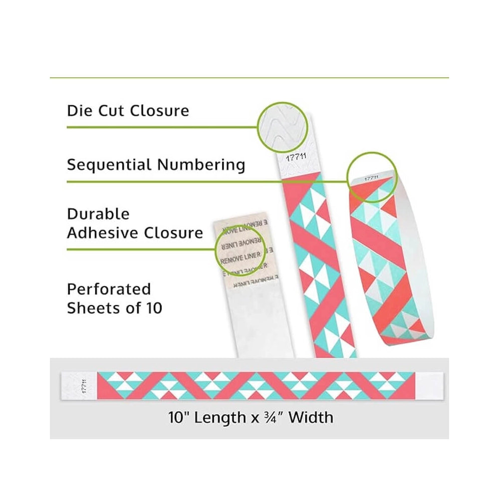 Product packaging and text detailing features like die cut closure, sequential numbering, and perforated sheets. Aztec pattern shown on a tyvek wristband