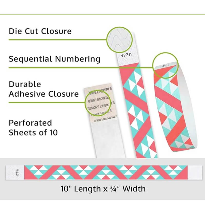Product packaging and text detailing features like die cut closure, sequential numbering, and perforated sheets. Aztec pattern shown on a tyvek wristband