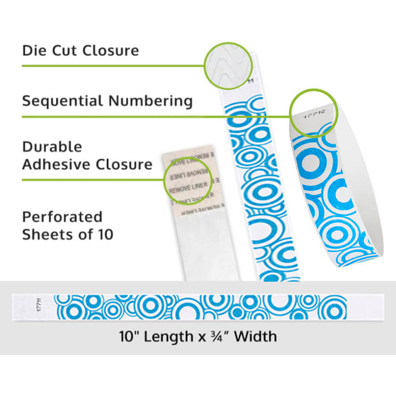 blue disk tyvek wristband detail product page showing the die cut adhesive closure, sequential numbering, perforated sheets of 10 and the dimensions.