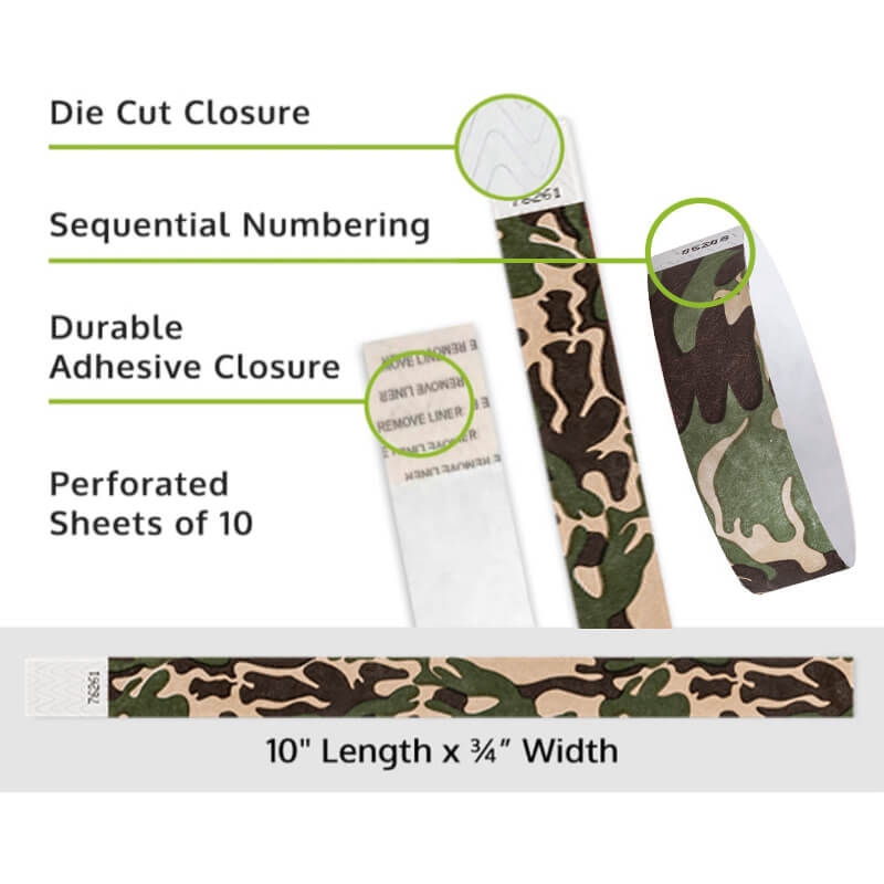 Camoflauge tyvek wristband detail product page showing the die cut adhesive closure, sequential numbering, perforated sheets of 10 and the dimensions.