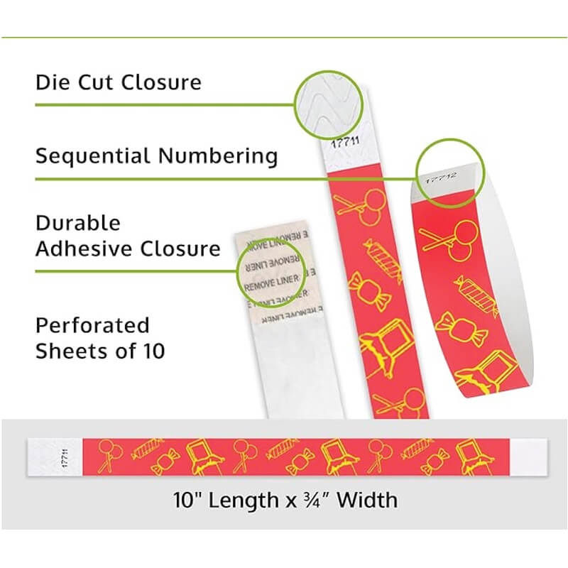 candy tyvek wristband detail product page showing the die cut adhesive closure, sequential numbering, perforated sheets of 10 and the dimensions.