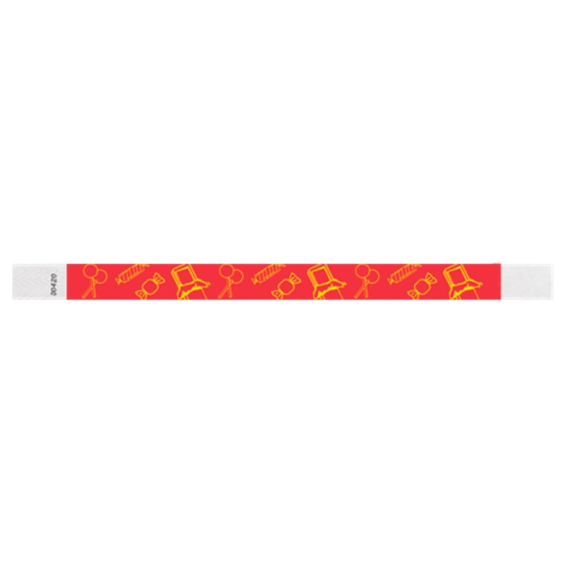 neon Red tyvek wristband with yellow candy illustrations - flat version shown