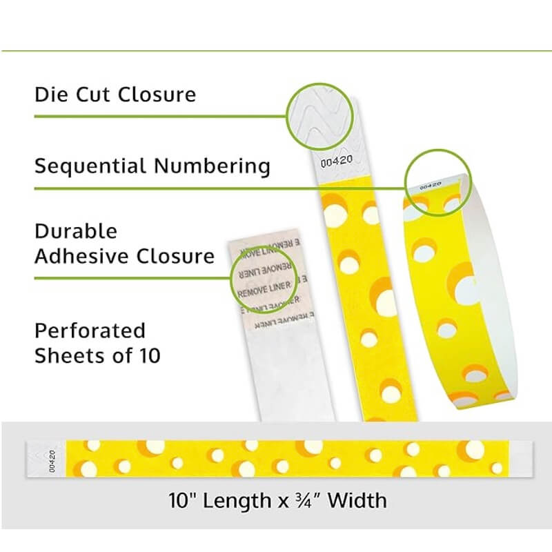 cheese tyvek wristband detail product page showing the die cut adhesive closure, sequential numbering, perforated sheets of 10 and the dimensions.