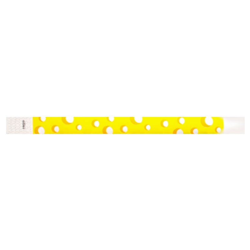 white tyvek wristband with neon yellow cheese pattern - flat version shown