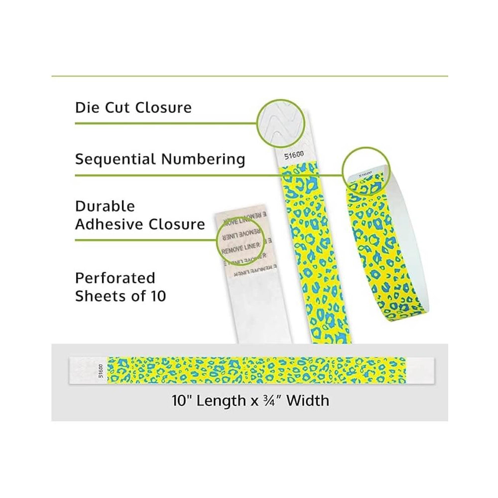 Cheetah tyvek wristband detail product page showing the die cut adhesive closure, sequential numbering, perforated sheets of 10 and the dimensions.