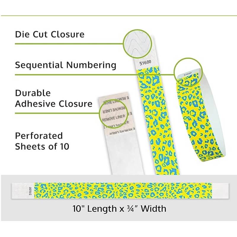 Cheetah tyvek wristband detail product page showing the die cut adhesive closure, sequential numbering, perforated sheets of 10 and the dimensions.