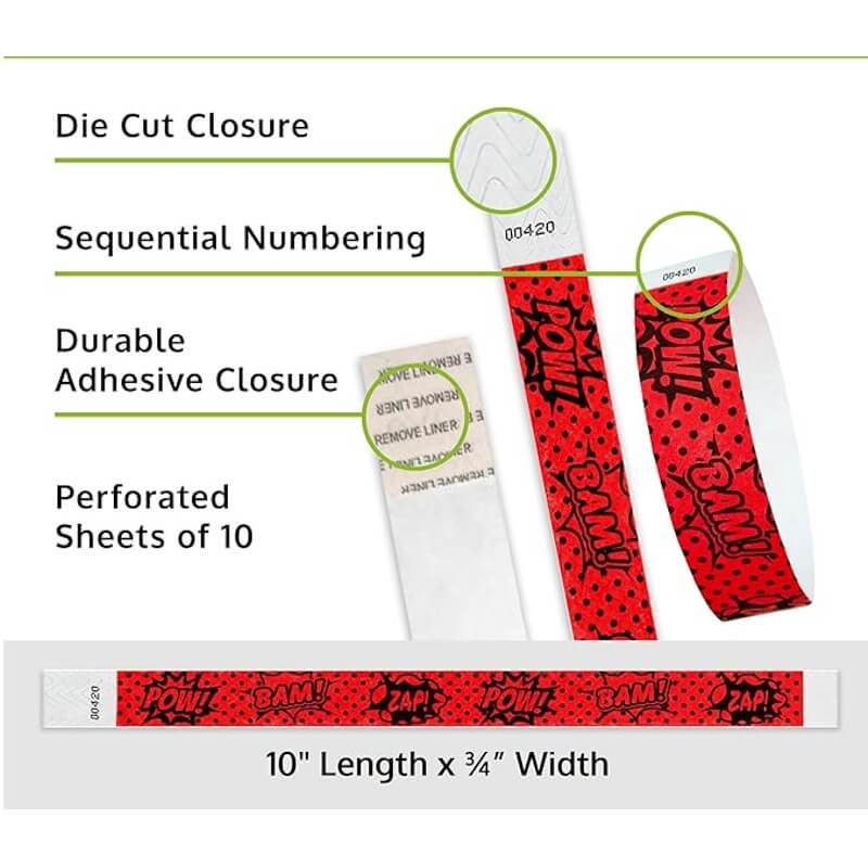 comic superhero tyvek wristband detail product page showing the die cut adhesive closure, sequential numbering, perforated sheets of 10 and the dimensions.