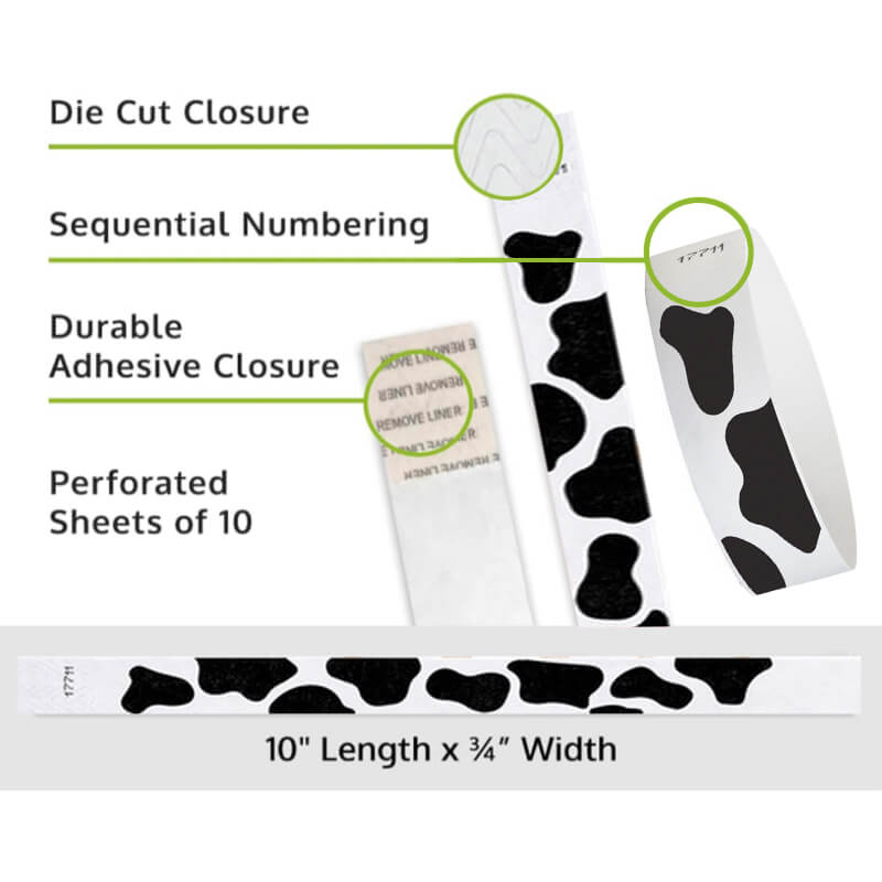 Cow Tyvek Wristband with product details outlining the diecut adhesive closure, sequential numbering and length