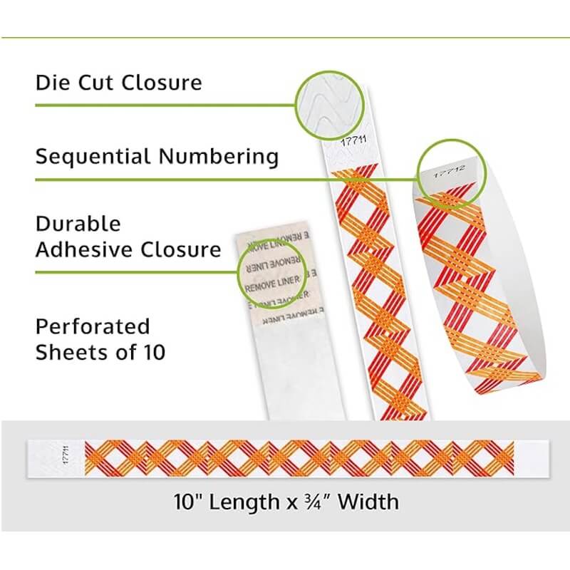 crossing zig zag tyvek wristband detail product page showing the die cut adhesive closure, sequential numbering, perforated sheets of 10 and the dimensions.