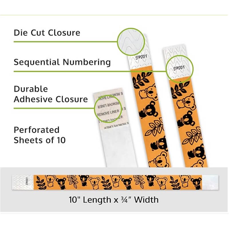 cute koalas tyvek wristband detail product page showing the die cut adhesive closure, sequential numbering, perforated sheets of 10 and the dimensions.