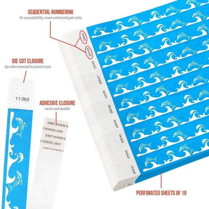 dolphin tyvek wristband detail product page showing the die cut adhesive closure, sequential numbering, perforated sheets of 10 and the dimensions.
