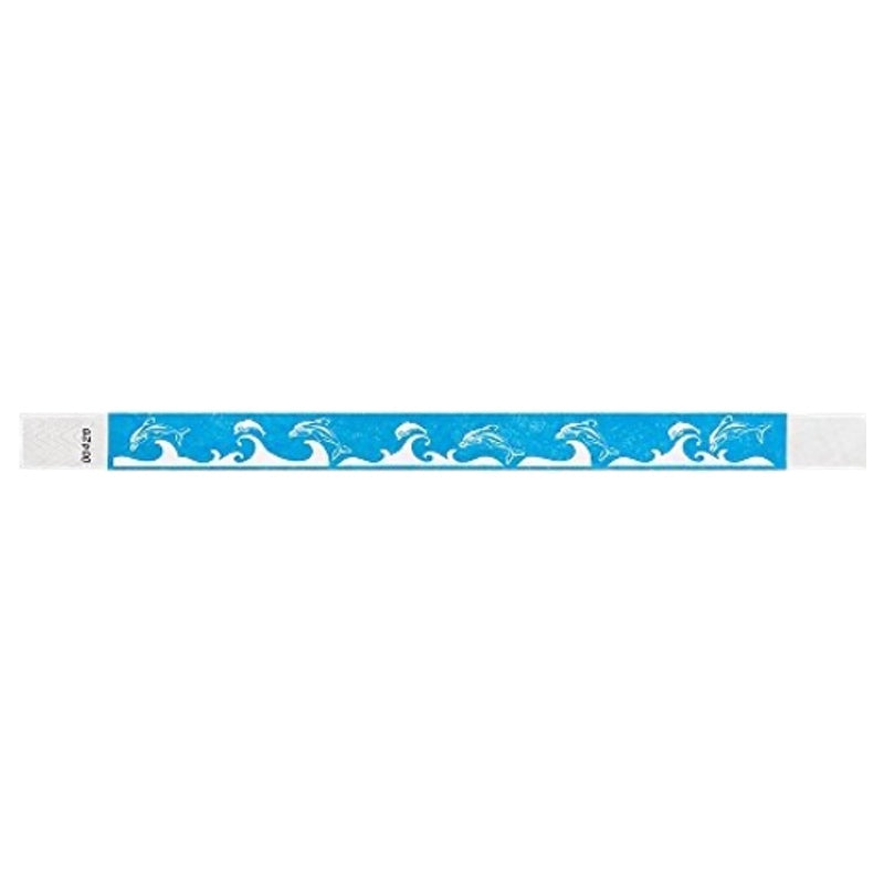 neon blue tyvek wristband with white dolphin and wave pattern - flat version shown