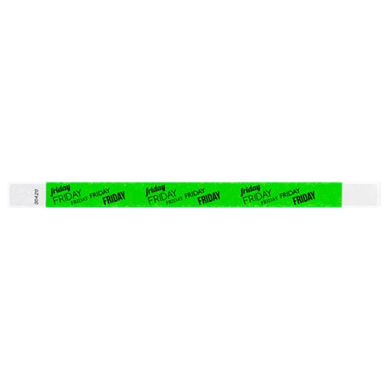 neon green tyvek wristband with friday text in black ink repeated
