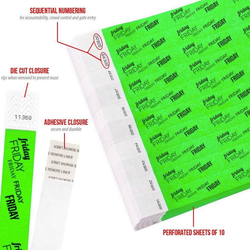 Product packaging with die cut closure, sequential numbering, durable adhesive closure, and perforated sheets of 10; shown in a neon green tyvek wristband with black friday text repeated