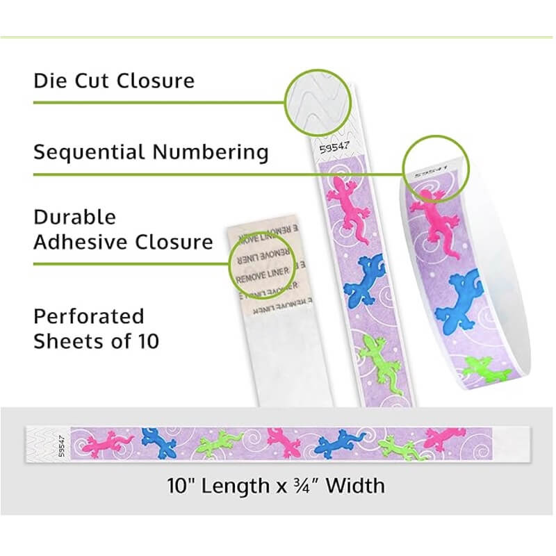 geckos tyvek wristband detail product page showing the die cut adhesive closure, sequential numbering, perforated sheets of 10 and the dimensions.