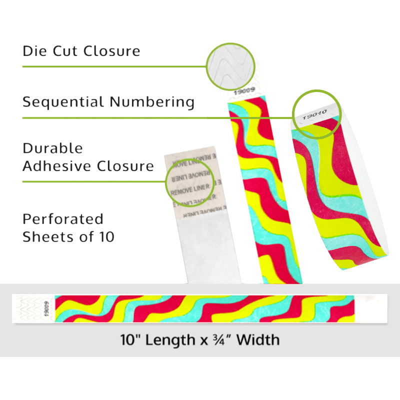aqua, neon red, neon yellow wavy stripe pattern on a tyvek wristband information page; showing the die cut closure, sequential numbering, durable adhesive closure, and perforated sheets of 10