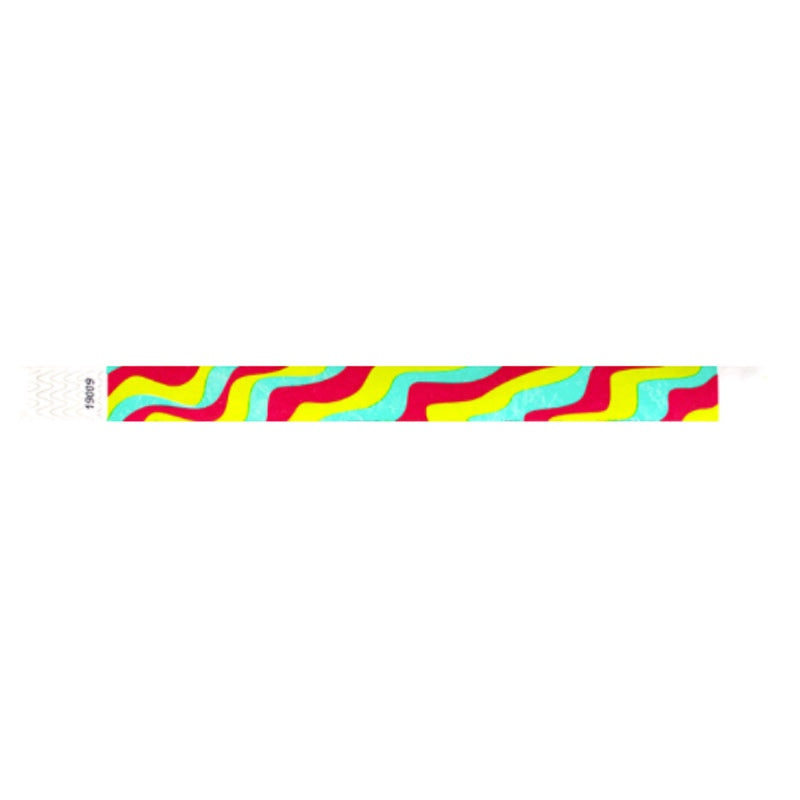 aqua, neon red, neon yellow wavy stripe pattern on a tyvek wristband - flat version shown