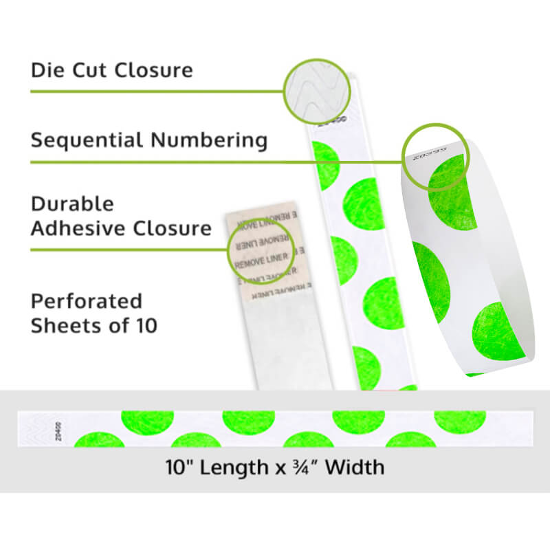 Product packaging with die cut closure, sequential numbering, durable adhesive closure, and perforated sheets of 10; shown with a white tyvek wristbands with neon green half circle pattern