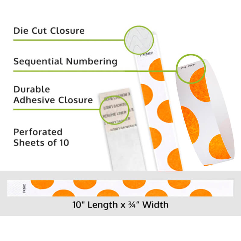 Product packaging with die cut closure, sequential numbering, durable adhesive closure, and perforated sheets of 10; shown with a white tyvek wristbands with neon orange half circle pattern