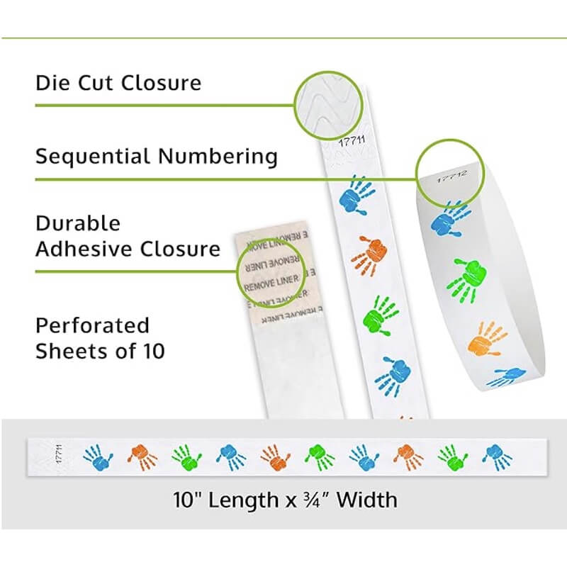 hands tyvek wristband detail product page showing the die cut adhesive closure, sequential numbering, perforated sheets of 10 and the dimensions.