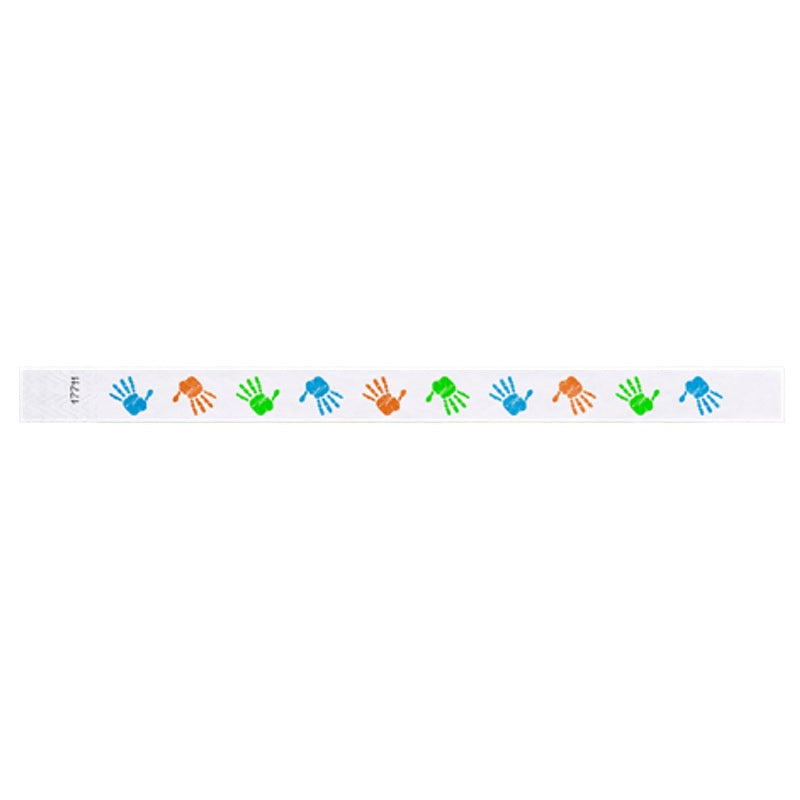 White tyvek wristband with neon orange, neon green and neon blue handprints - flat version shown