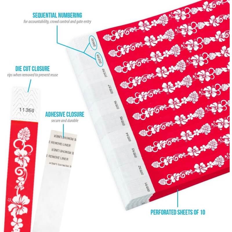 hawaiian flowers tyvek wristband detail product page showing the die cut adhesive closure, sequential numbering, perforated sheets of 10 and the dimensions.