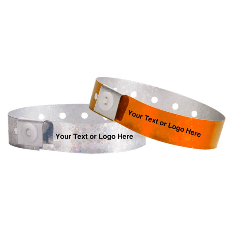 holographic plastic wristbands shown in silver and orange with a placeholder to show where you can customize the wristband