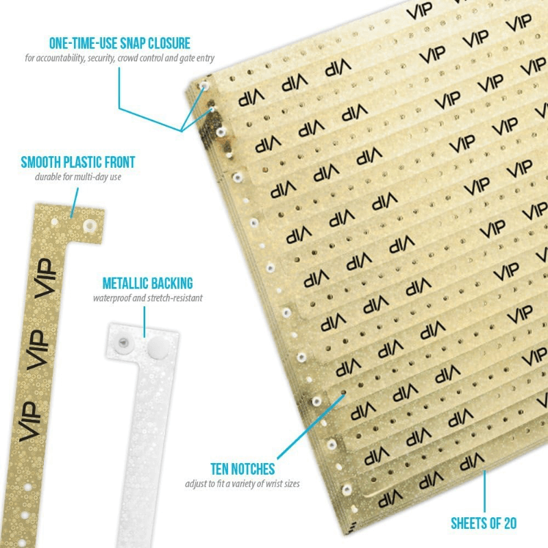 Vip Holographic product specification page showing one time single use snaps, 10 holes for size adjustments and packaging in sheets of 20 - shown with a smooth Holographic plastic front in gold