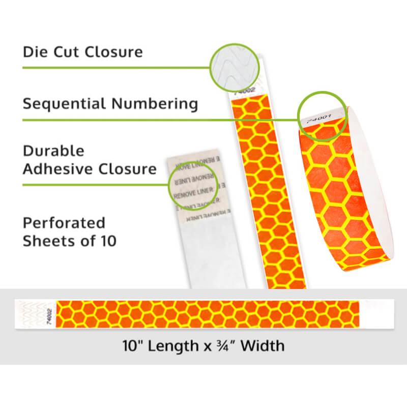 honeycomb tyvek wristband detail product page showing the die cut adhesive closure, sequential numbering, perforated sheets of 10 and the dimensions.
