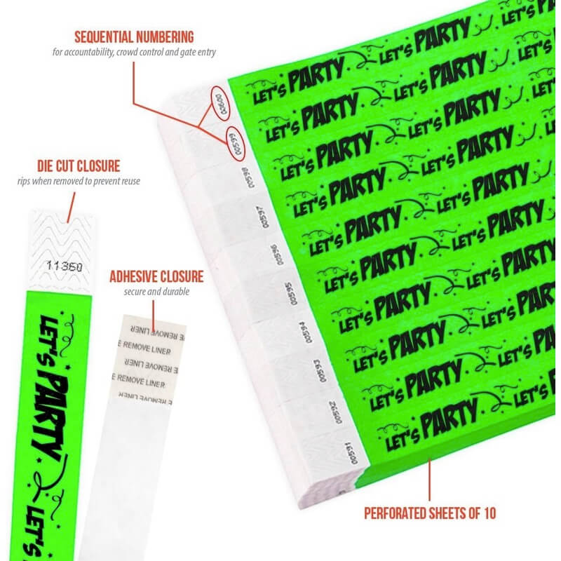 let's party tyvek wristband detail product page showing the die cut adhesive closure, sequential numbering, perforated sheets of 10 and the dimensions.