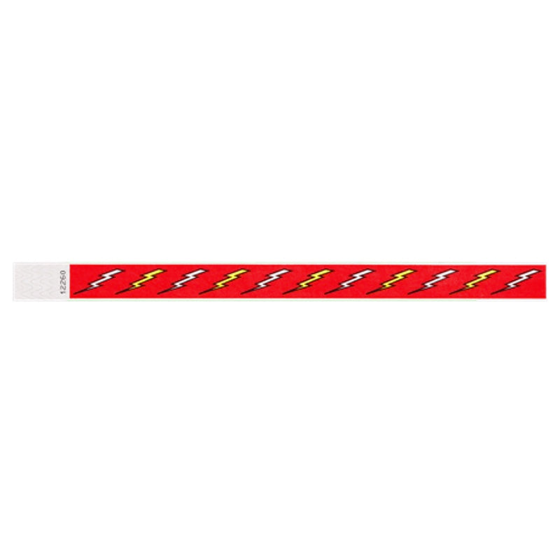 neon red tyvek wristband with white and neon yellow lightning pattern - flat version shown