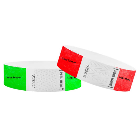 two colourful tyvek wristbands with text and logo placement areas