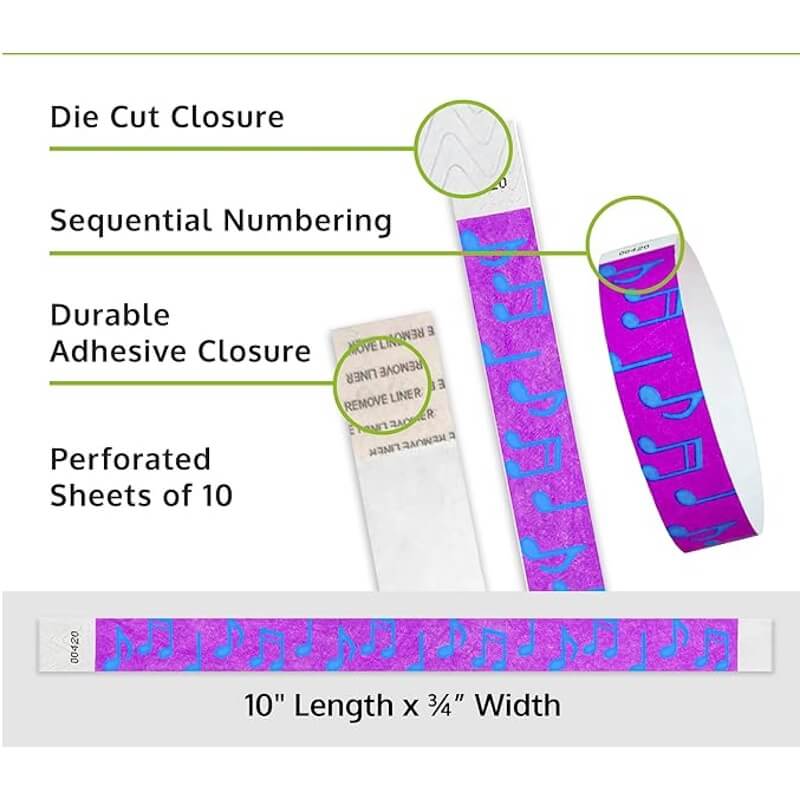 music notes tyvek wristband detail product page showing the die cut adhesive closure, sequential numbering, perforated sheets of 10 and the dimensions.