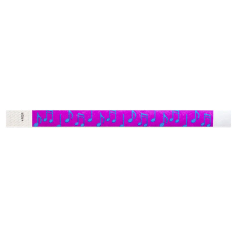 pantone purple tyvek wristband with neon blue music notes - flat version shown