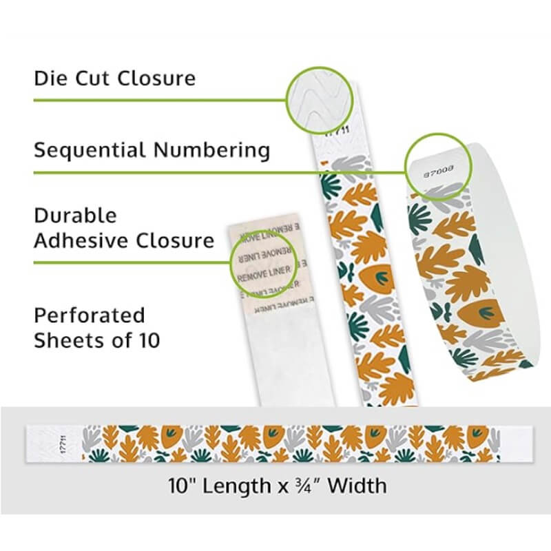 muted plants tyvek wristband detail product page showing the die cut adhesive closure, sequential numbering, perforated sheets of 10 and the dimensions.