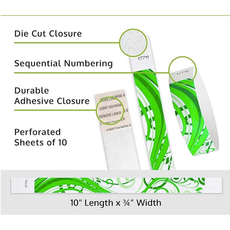 nature tyvek wristband detail product page showing the die cut adhesive closure, sequential numbering, perforated sheets of 10 and the dimensions.
