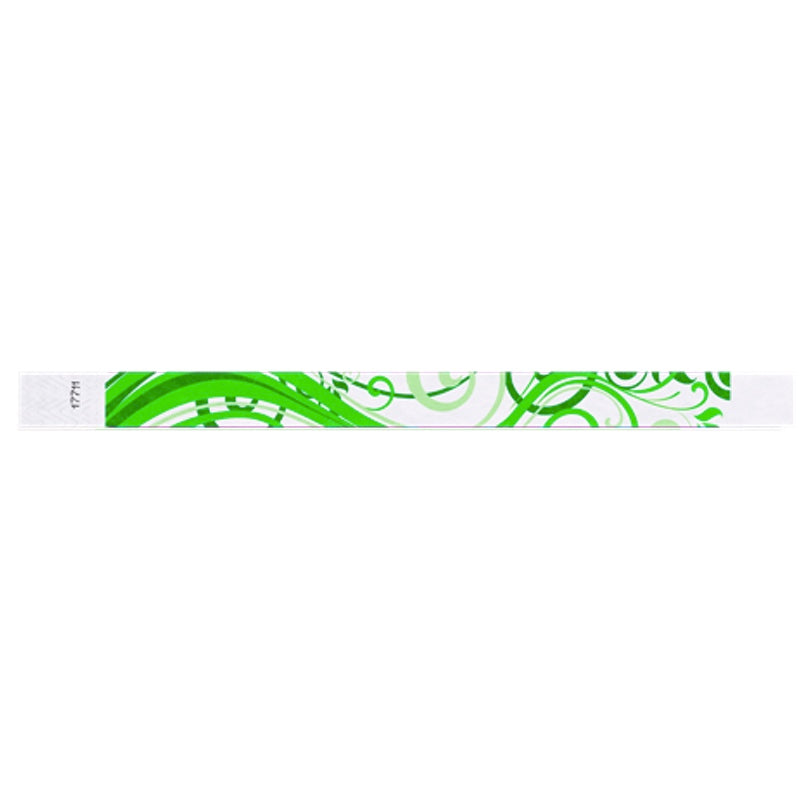 White tyvek wristband with kelly green neon green pattern - flat version shown