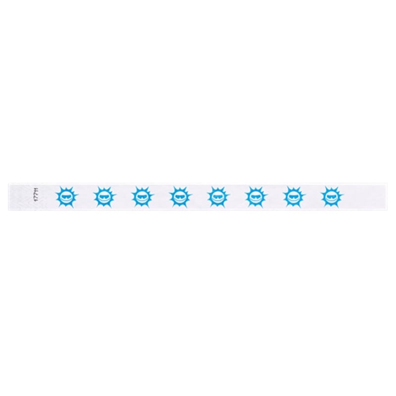 white tyvek wristband with neon blue sun pattern repeated