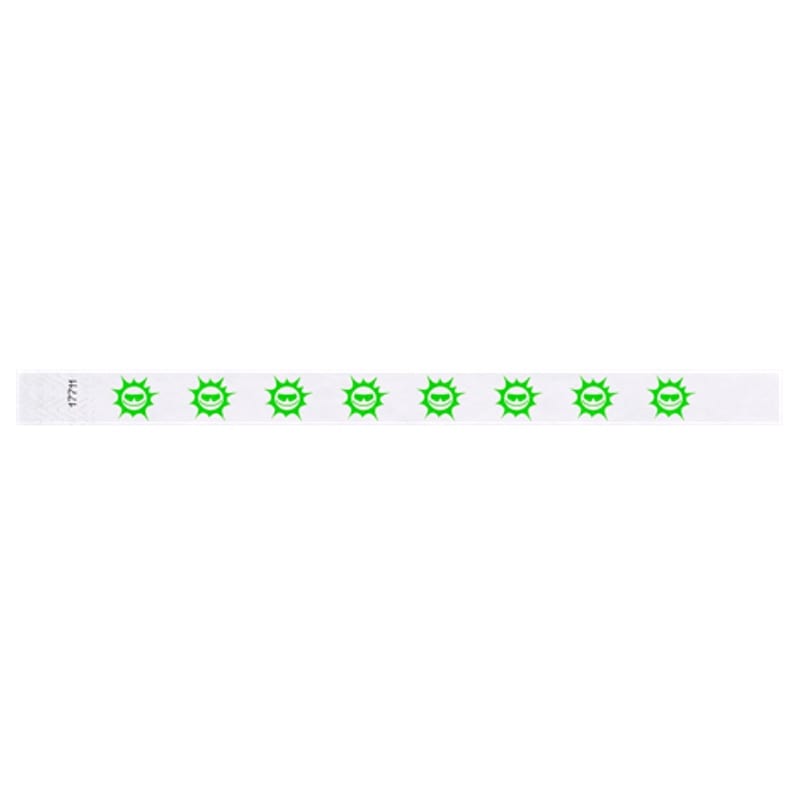 white tyvek wristband with neon green sun pattern repeated