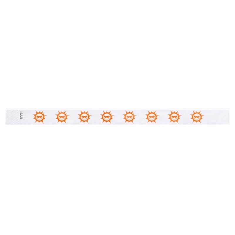 white tyvek wristband with neon orange sun pattern repeated